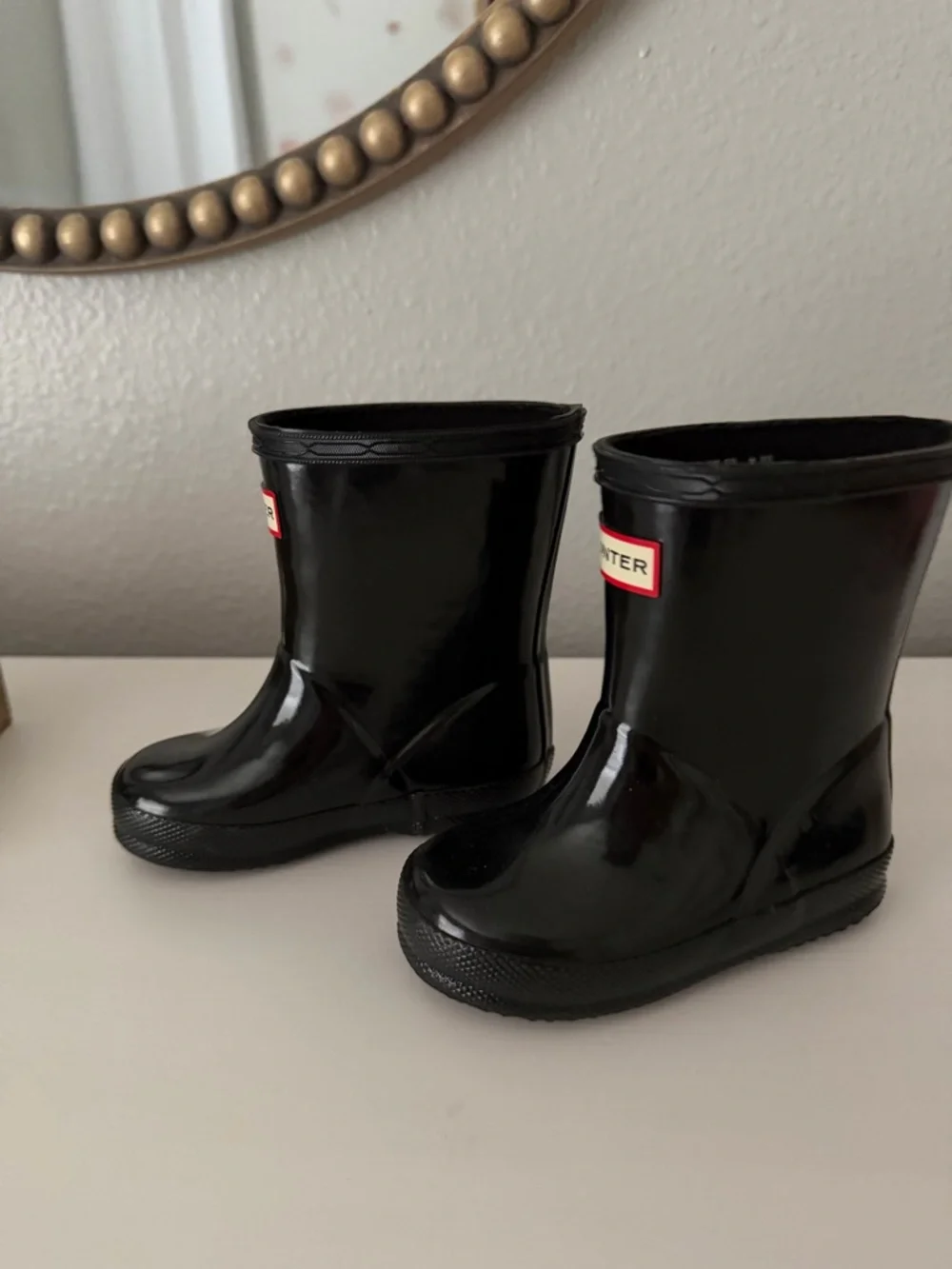 Hunter Black Kids Rain Boots with Red Logo